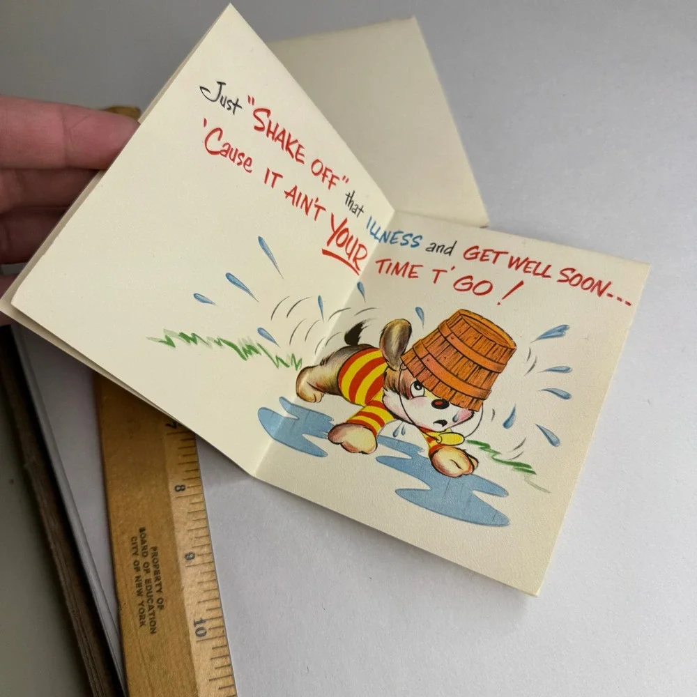 Vintage‎ Stanley Greetings Get Well Card Kick the Bucket Dog 1950's USA Unused